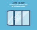 Recommendation during a coronavirus pandemic. Airing the room. Open window in a flat design on a blue background