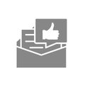 Recommendation letter gray icon. Letter with thumb up in speech bubble, praise, like symbol