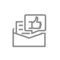 Recommendation letter line icon. Letter with thumb up in speech bubble, praise, like symbol