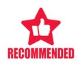 Recommended banner icon with thumb up and star, marketing recommendation tag badge, label with text what endorsing or praising