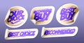 Recommended buy, best choice, best buy - stickers set with violet lettering