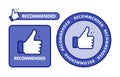 Recommended icon set. Line label recommended with thumb up. Sign brand with recommended. Best tag for great brend. Banner thumb up