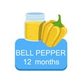 Recommended Time To Feed The Baby With Fresh Bell Pepper Cartoon Info Sticker With Fresh Vegetable And Puree In Jar