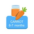Recommended Time To Feed The Baby With Fresh Carrot Cartoon Info Sticker With Fresh Vegetable And Puree In Jar