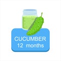 Recommended Time To Feed The Baby With Fresh Cucumber Cartoon Info Sticker With Fresh Vegetable And Puree In Jar