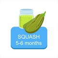 Recommended Time To Feed The Baby With Fresh Squash Cartoon Info Sticker With Fresh Vegetable And Puree In Jar