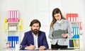 Reconcile data. Boss manager director. Successful business. Man and woman office. Business couple working. Modern Royalty Free Stock Photo
