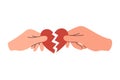 Reconciliation concept. Cupid couple reconciles, broken heart. Restore love. Red broken heart in hands men and women