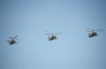 Reconnaissance and attack helicopter Ka-52 `alligator` at the rehearsal of the Victory parade in Moscow.