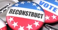 Reconstruct and elections in the USA, pictured as pin-back buttons with American flag, to symbolize that Reconstruct can be an