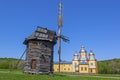 Reconstructed ancient style wooden church in ethnographic museum Pirogovo Royalty Free Stock Photo