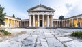 Reconstructed ancient temple with doric columns and triangular pediment surrounded by colonnades at dusk Royalty Free Stock Photo