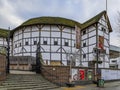 Reconstructed Shakespeare's Globe Theatre with thatched roof and old style timber-framed exterior in London, England