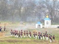 Reconstruction of the battle of Borodino. The troops of 1812 are fighting on the battlefield. Details and close-up.