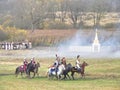 Reconstruction of the battle of Borodino. The troops of 1812 are fighting on the battlefield. Details and close-up.