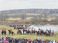 Reconstruction of the battle of Borodino. The troops of 1812 are fighting on the battlefield. Details and close-up.