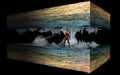 Reconstruction of a cave, three-dimensional cutaway. Speleologist inside a cave between stalactites and stalagmites