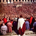 Reconstruction of a crowd listening to a Roman emperor speaking in Rome in the Colosseum- generated ai