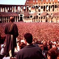 Reconstruction of a crowd listening to a Roman emperor speaking in Rome in the Colosseum- generated ai