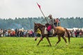 Reconstruction of the historic battle of the ancient Slavs in the fifth festival of historical clubs in Zhukovsky district of Royalty Free Stock Photo