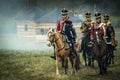 Reconstruction of the historic battle between the Russian and Napoleon's troops from the Russian city of Maloyaroslavets. Royalty Free Stock Photo