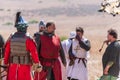 Reconstruction of Horns of Hattin battle in 1187. Captive knights of the Crusaders are drinking water from the cup, which he offer