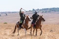 Reconstruction of Horns of Hattin battle in 1187. A rider from Saladin`s army is fighting a rider from the Crusader troops on the