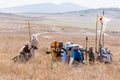 Reconstruction of Horns of Hattin battle in 1187. Warriors of the Crusaders pray before the battle on the battlefield.