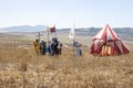 Reconstruction of Horns of Hattin battle in 1187. Warriors of thWarriors of the Crusaders make a battle formation before the battl Royalty Free Stock Photo