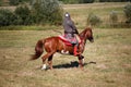 Reconstruction. Medieval armored knight on white horse from fantasy. Equestrian soldier in historical costume