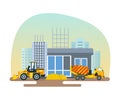 Reconstruction of post office, work on forklift and concrete mixer. Royalty Free Stock Photo