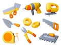 Reconstruction and repair 3d tools. Construction equipment isolated realistic elements. Measuring tape, trowel and hand Royalty Free Stock Photo