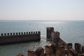 Reconstruction of Scaliger Castle fortification walls with horizon line on background, Sirmione, Lombardy, Italy Royalty Free Stock Photo