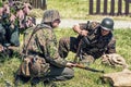 Reconstruction of the Second World War, german soldiers in defensive position Royalty Free Stock Photo