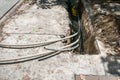 Reconstruction site with trench for underground telephone optical lines Royalty Free Stock Photo