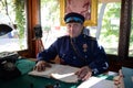 Reconstructor in the form of a police officer of the 50s of the 20th century on Strastnoy Boulevard in the center of Moscow