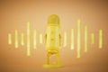Record an audio track. Professional yellow microphone and audio track on pastel background. 3D render