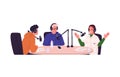 Record and broadcast of podcast in studio. People talking at table, recording radio show with audio equipment, headsets Royalty Free Stock Photo