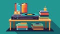 A record player p on a small table in the corner with stacks of records piled up beside it. Vector illustration.