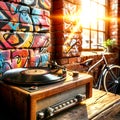 A record player standing by a graffiti-covered wall near the window