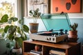 record player with vinyl collection in background