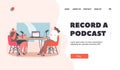 Record Podcast Landing Page Template. Couple of Female Characters Wear Headphones Sitting in Studio with Microphones