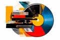 A record with a red yellow and blue label that magazine collage style AI generation Royalty Free Stock Photo