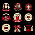 Record studio labels. Old style microphone, headphones, cassette Royalty Free Stock Photo