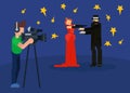 Record tv show, cameraman shoot movie, character male female in red dress actor play role flat vector illustration