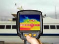 Recording Heat Loss Outside anchored luxury private motor yacht with Infrared Thermal Camera Royalty Free Stock Photo