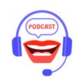 Recording podcast radio studio with headset and mouth icon. Sound equipment, microphone, headset for speak. Vector illustration