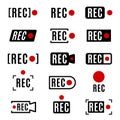 Recording sign vector illustration. Red panel rec icon set isolated. Camera button playing control