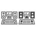 Recording studio console with monitor and speakers line and solid icon, music concept, sound vector sign on white Royalty Free Stock Photo