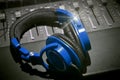 Recording studio headphones black white and blue Royalty Free Stock Photo